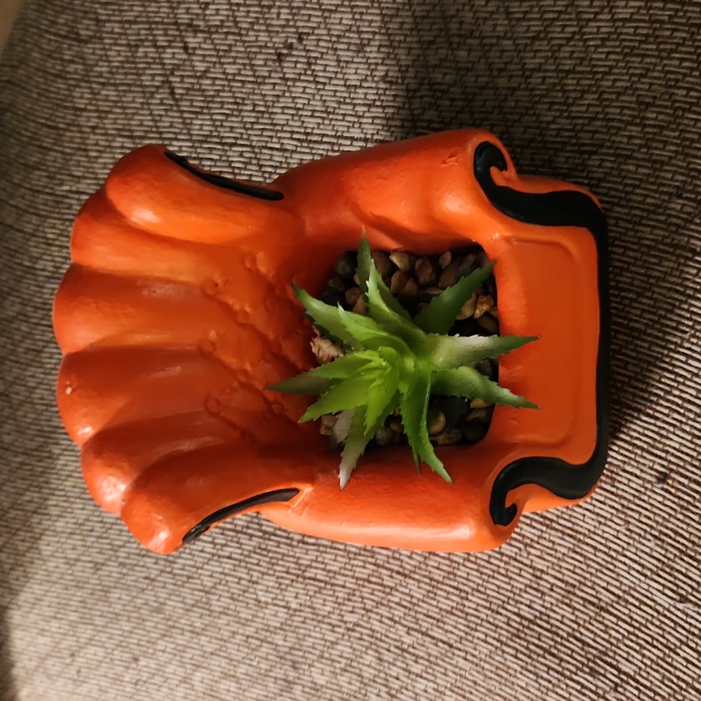 Cement filled orange vintage chair w fake succulent